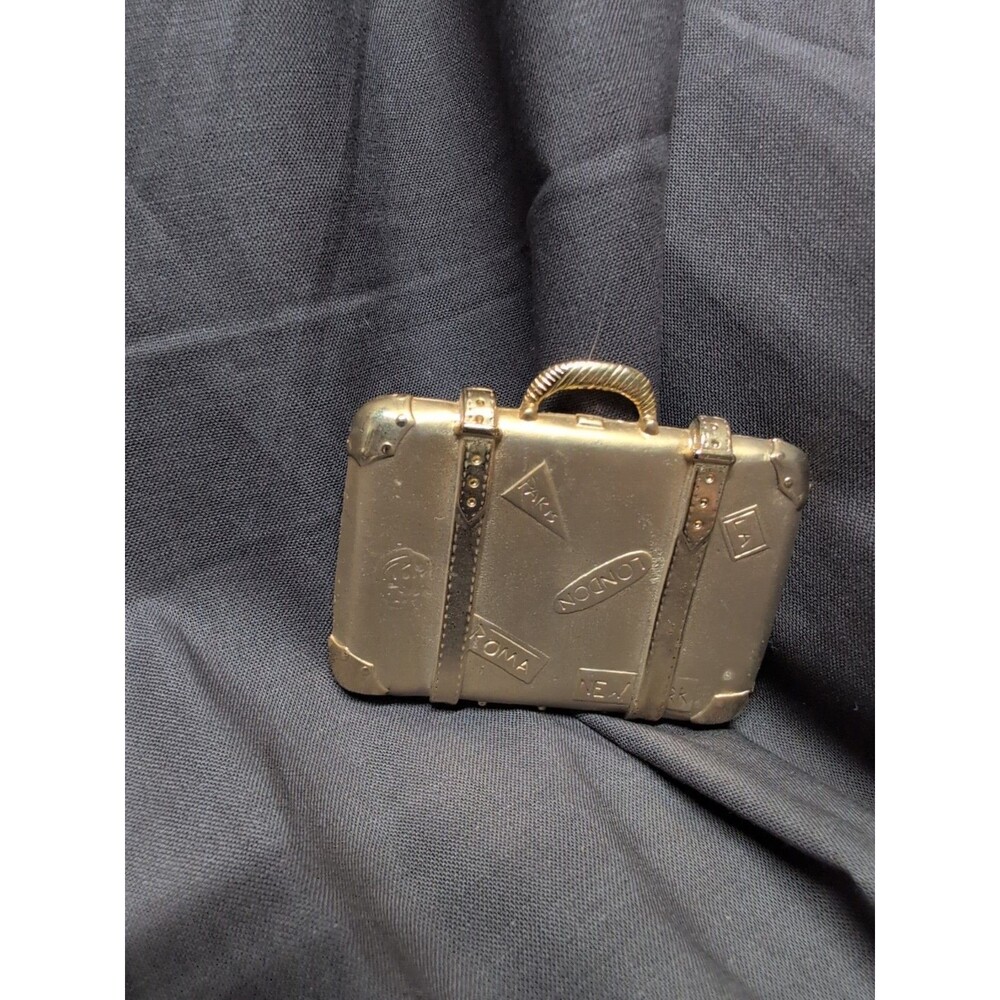 Suitcase Luggage London Paris Roma New York GoldTone Brooch Pin Vintage